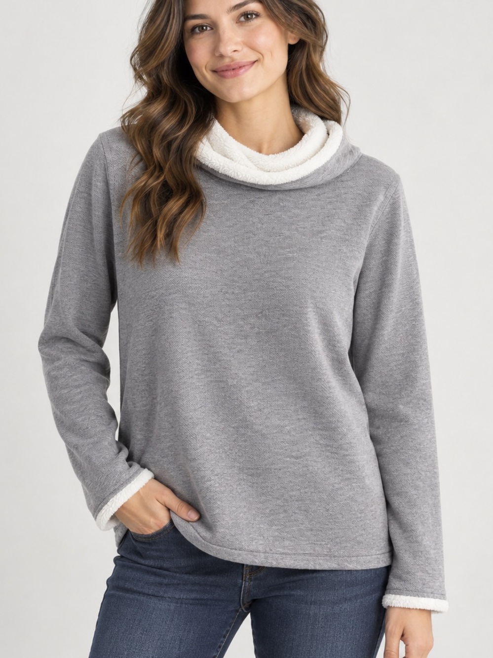 NorthStyle Gray Sherpa Trim Cowl Neck Pullover Sweatshirt L